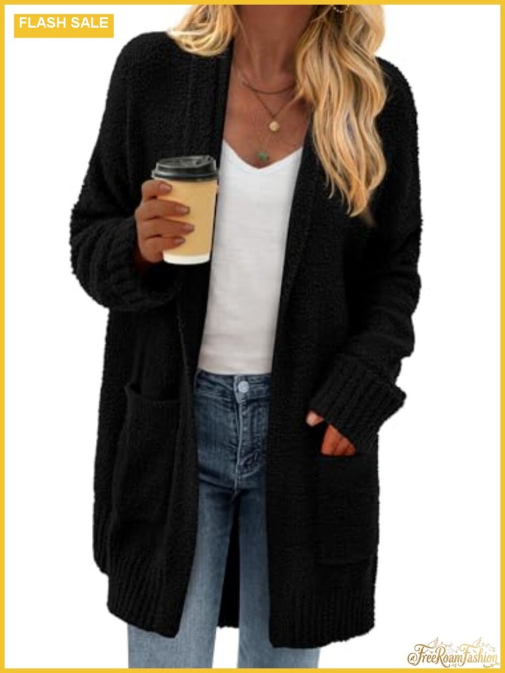 Chunky Fuzzy Knit Cardigan Long Open Front Sweater Coat with Pockets